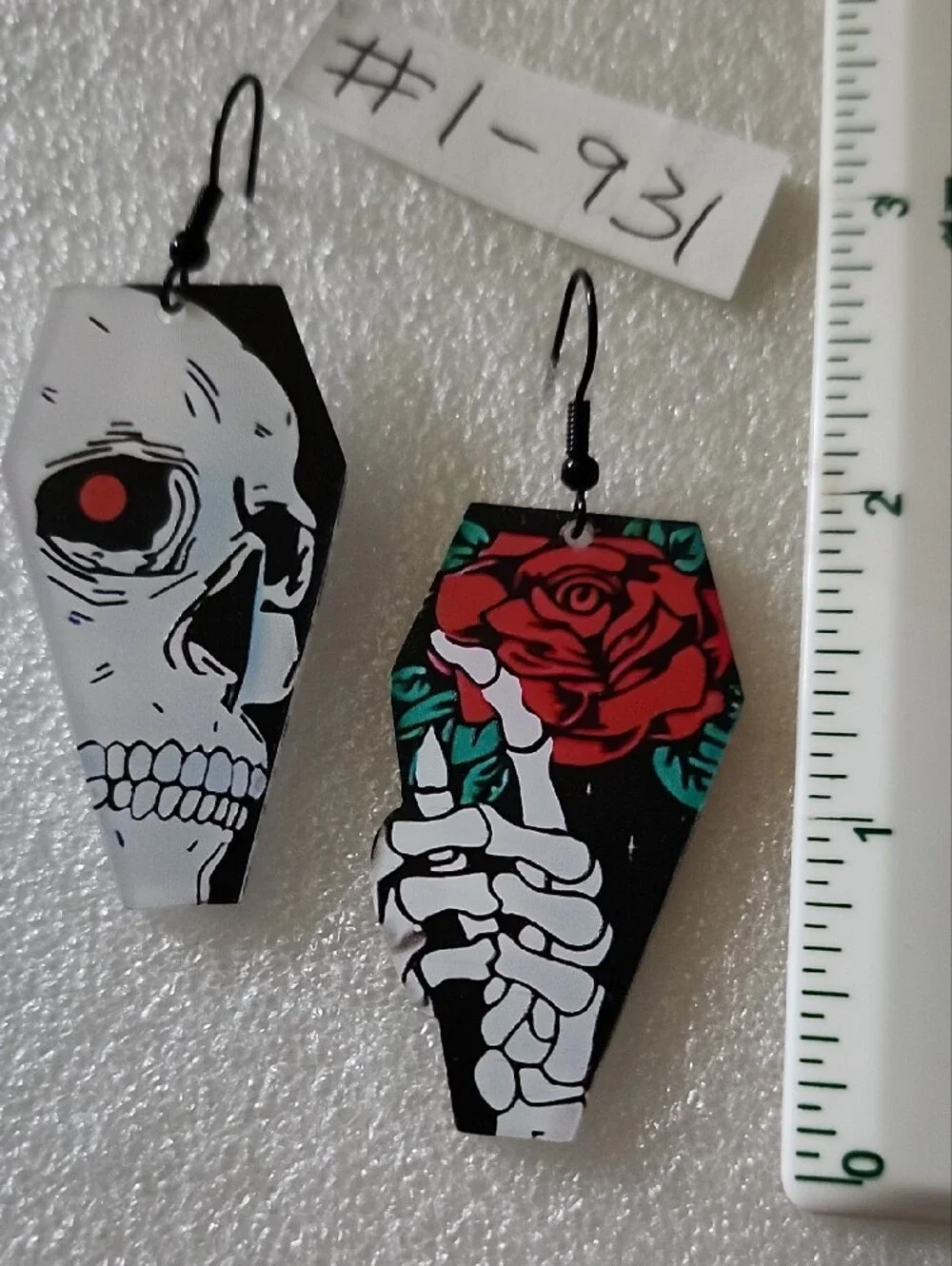 Hand Crafted Red Rose & Skull Coffin Earrings